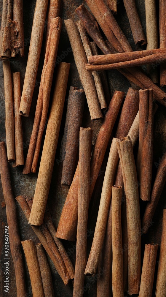 Cinnamon sticks on a rustic dark background