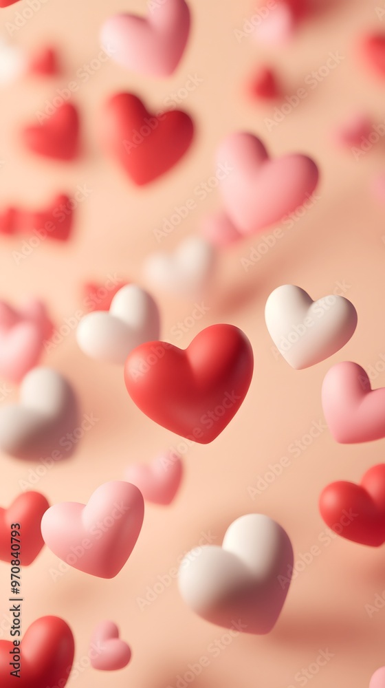 Valentine's Day background on a peach-colored surface with copy space. Cute red and pink hearts are flying in motion, with a soft tone and a cute style for a love concept Valentine's Day background on a peach-colored surface with copy space. Cute red and pink hearts are flying in motion, with a soft tone and a cute style for a love concept