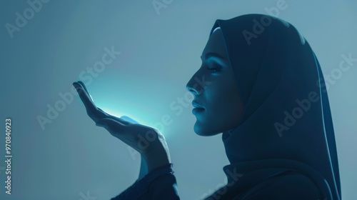 Glossy advertisement. Feminine android avatar assistants with metaphysical hijab encoding. Augmented reality Qurans and learning aids from auras around hands, blending technology with spirituality. photo