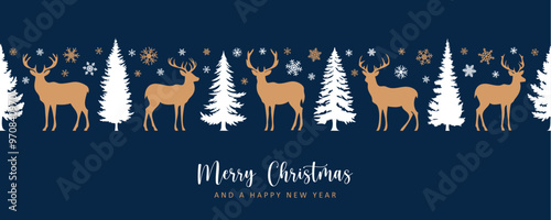 christmas greeting card with seamless deer and fir tree pattern vector illustration