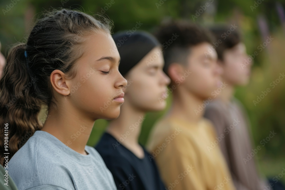A group of teenagers practicing mindfulness meditation, demonstrating positive methods to manage stress and anxiety, with a tranquil outdoor setting and a sense of calm A group of teenagers practicing mindfulness meditation, demonstrating positive methods to manage stress and anxiety, with a tranquil outdoor setting and a sense of calm