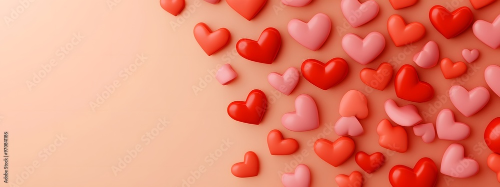 Valentine's Day background on a peach-colored surface with copy space. Cute red and pink hearts are flying in motion, with a soft tone and a cute style for a love concept Valentine's Day background on a peach-colored surface with copy space. Cute red and pink hearts are flying in motion, with a soft tone and a cute style for a love concept
