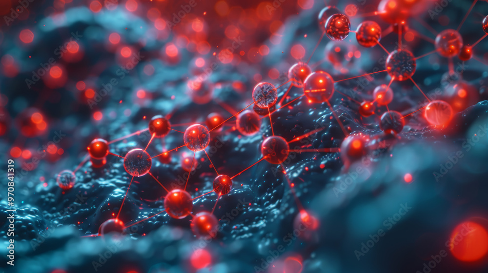 Advanced digital concept showing molecular structures with vibrant red and blue colors, illustrating intricate connections and dynamic scientific environment Advanced digital concept showing molecular structures with vibrant red and blue colors, illustrating intricate connections and dynamic scientific environment