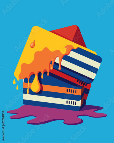 A stack of credit cards melting away demonstrating the detrimental effect of interest rates on credit card debt.. Vector illustration