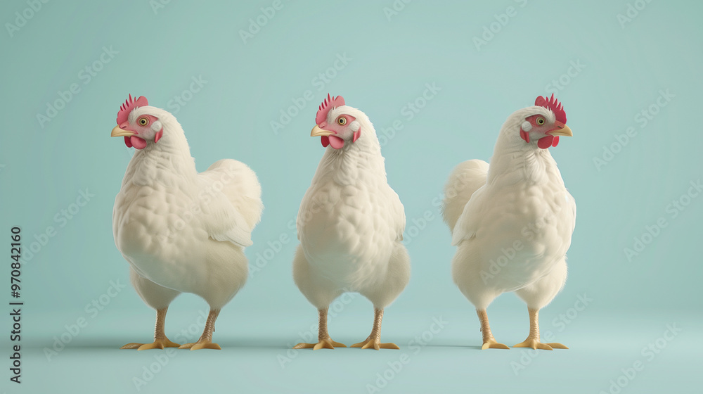 Group of white chickens standing in an open outdoor area with clear blue sky Group of white chickens standing in an open outdoor area with clear blue sky