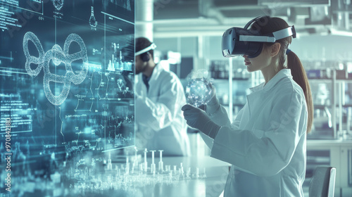 Innovative scientists using virtual reality technology in laboratory setting, exploring complex data and simulations. Their focus on research highlights future of scientific discovery