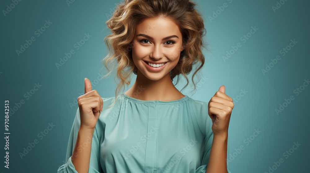 Happy young woman isolated over light blue background showing thumbs up. Happy young woman isolated over light blue background showing thumbs up.