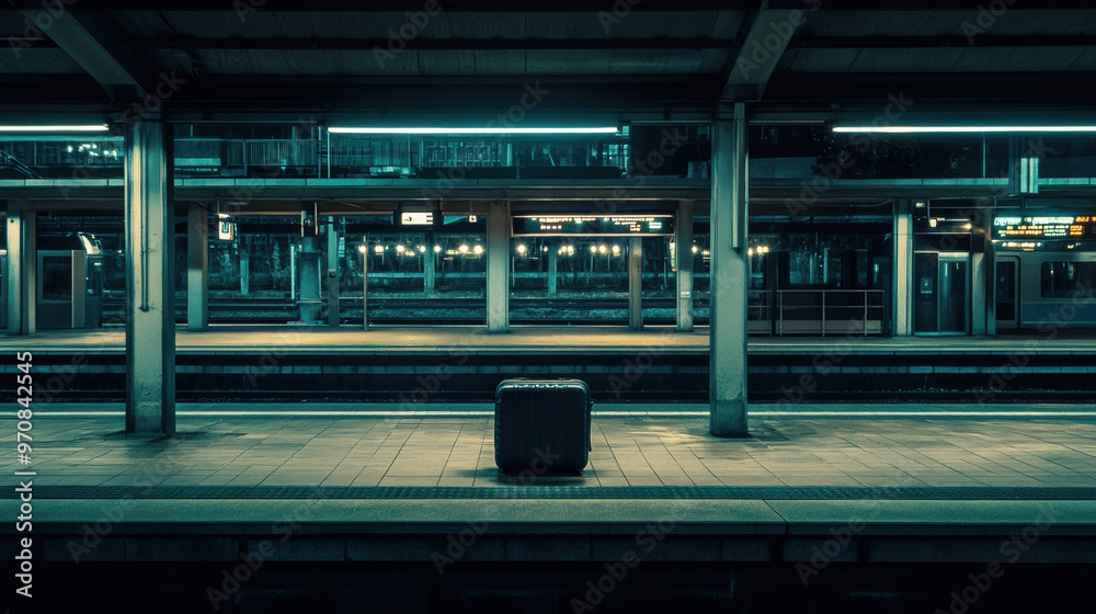 Naklejka premium A solitary suitcase sits on deserted train platform, illuminated by soft blue lights, evoking sense of mystery and anticipation. empty surroundings enhance feeling of solitude