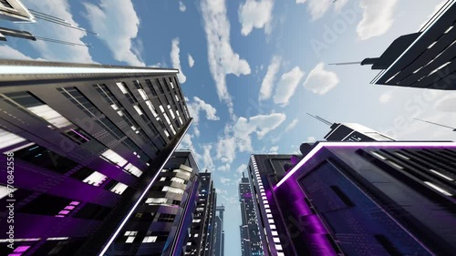 Cyberpunk cityscape. Camera flowing among skyscrapers.