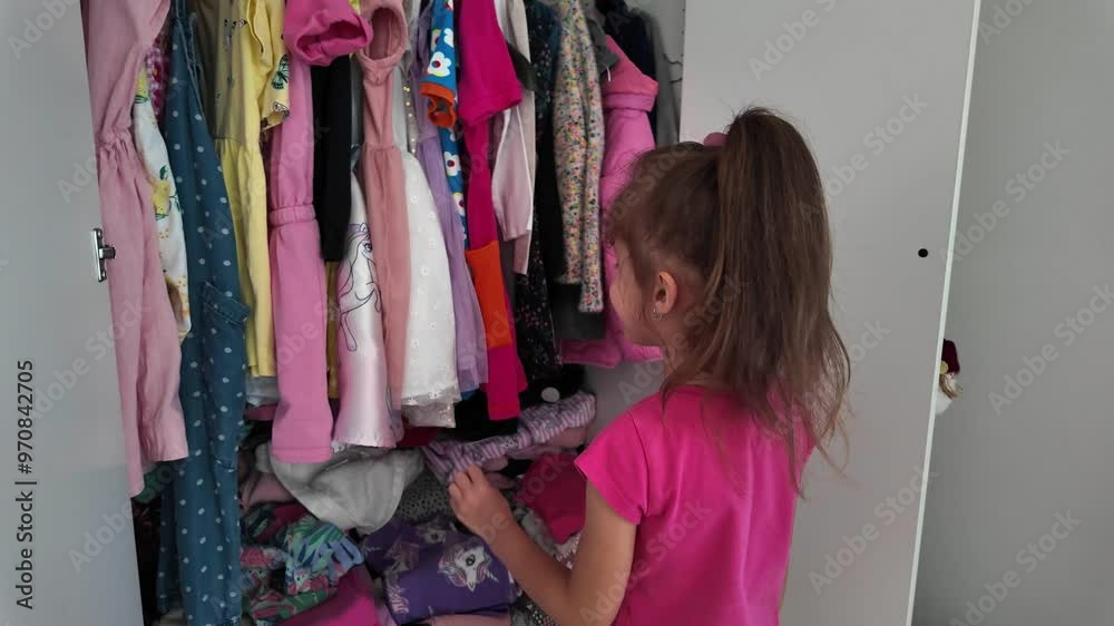 little girl choosing clothes from the wardrobe. Girl choosing dress a lot of clothes in the child wardrob little girl choosing clothes from the wardrobe. Girl choosing dress a lot of clothes in the child wardrob