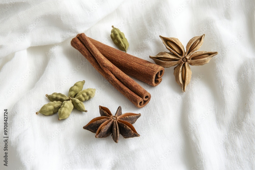 a few select whole cardamom pods and a single, curled cinnamon stick ...