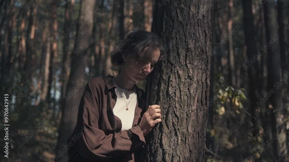A girl of Slavic appearance in an autumn pine forest, leaning against a pine tree, looking sadly at the tree, medium shot, slow motion A girl of Slavic appearance in an autumn pine forest, leaning against a pine tree, looking sadly at the tree, medium shot, slow motion