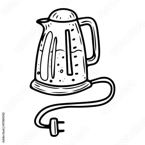 Electric kettle hand drawn doodle. Electrical appliance for boiling water. Household kitchen equipment. Cooking tool. Vector sketch line art illustration.