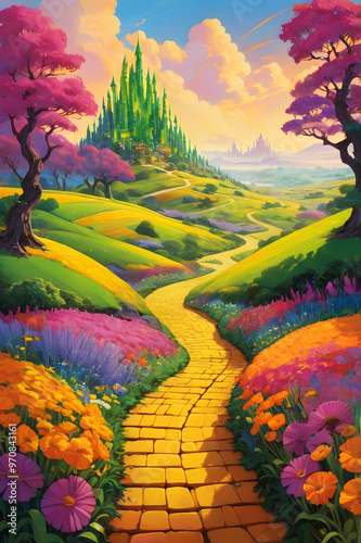 Colorful floral hills and pink blooming trees alongside the yellow brick road to Emerald City in the distance
