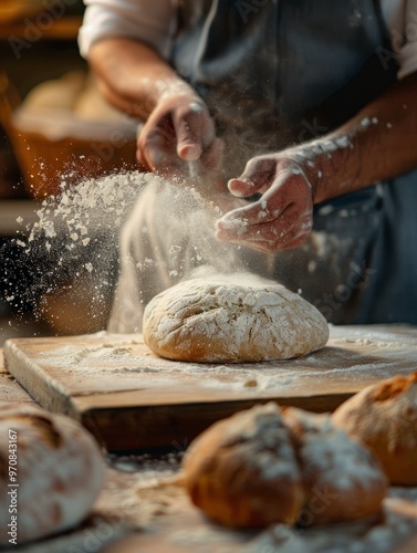 The image shows a person in the process of baking bread