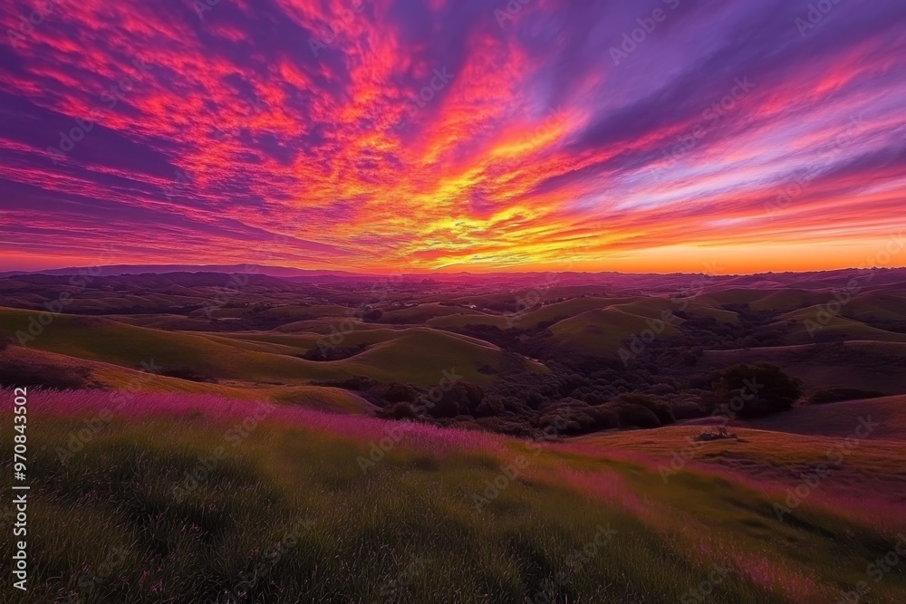 Obraz premium a gorgeous sunset, with the sky ablaze with hues of orange, pink, and purple