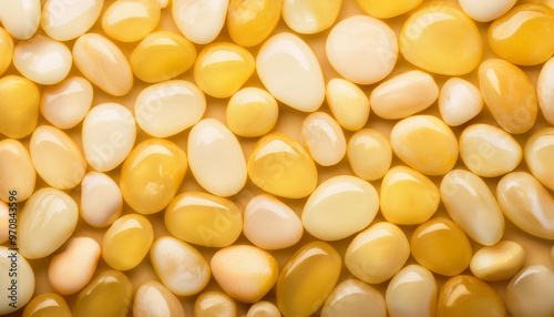 Wet pebbles in shades of yellow, forming seamless glossy surface. Top view.