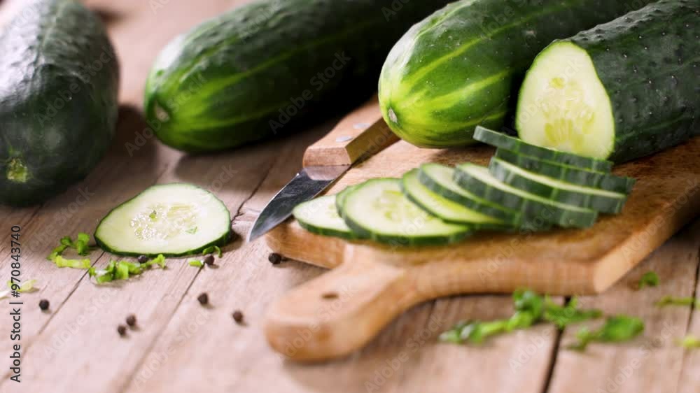 Fresh Cucumber Sliced on a Wooden Board for Healthy Eating Fresh Cucumber Sliced on a Wooden Board for Healthy Eating