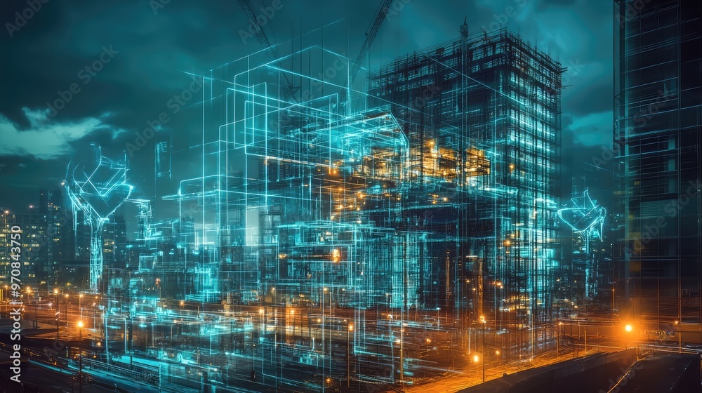 A futuristic cityscape with a digital blueprint overlay, representing urban development and technological advancement. A futuristic cityscape with a digital blueprint overlay, representing urban development and technological advancement.