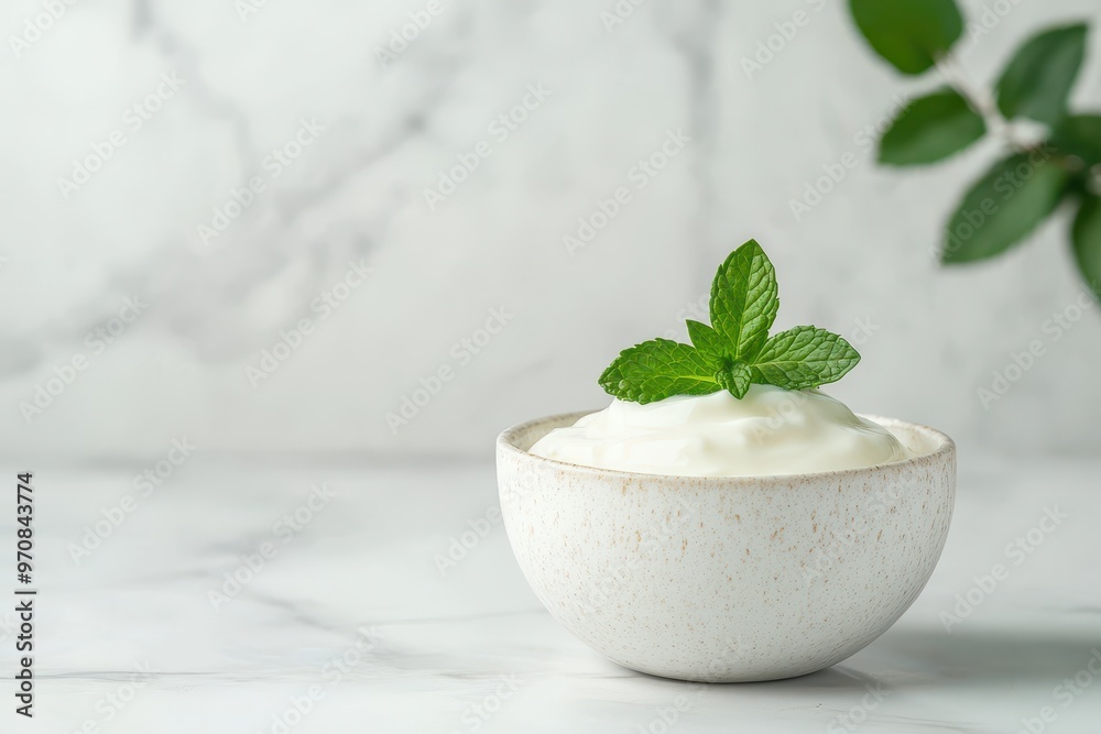 A bowl of creamy yogurt garnished with fresh mint leaves on a marble surface. A bowl of creamy yogurt garnished with fresh mint leaves on a marble surface.