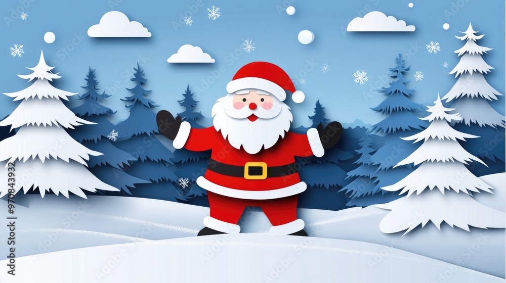 Cheerful Santa Claus celebrating winter in a snowy landscape with evergreen trees and snowflakes Cheerful Santa Claus celebrating winter in a snowy landscape with evergreen trees and snowflakes