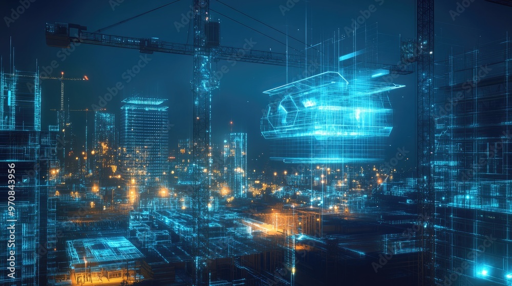 Fototapeta premium A digital blueprint of a building is projected over a city skyline at night, with construction cranes visible in the background.
