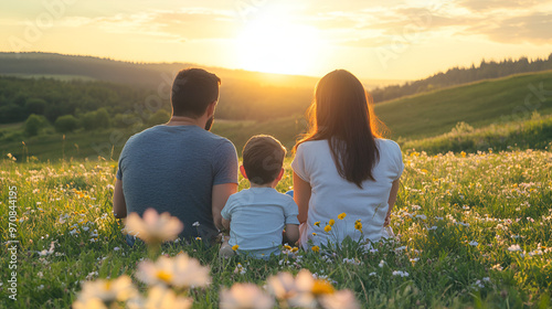 Rear view of parents and child in casual clothes sitting in the grass on a flowering meadow on beautiful summer evening. Happy family watching the setting sun enjoying their time together photo