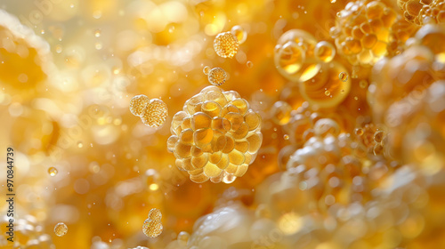 Close up photo of yeast cells fermenting, showcasing their crucial role in various processes. vibrant golden hues and intricate details highlight beauty of fermentation
