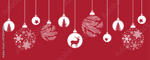 red merry christmas card with hanging ball decoration vector illustration