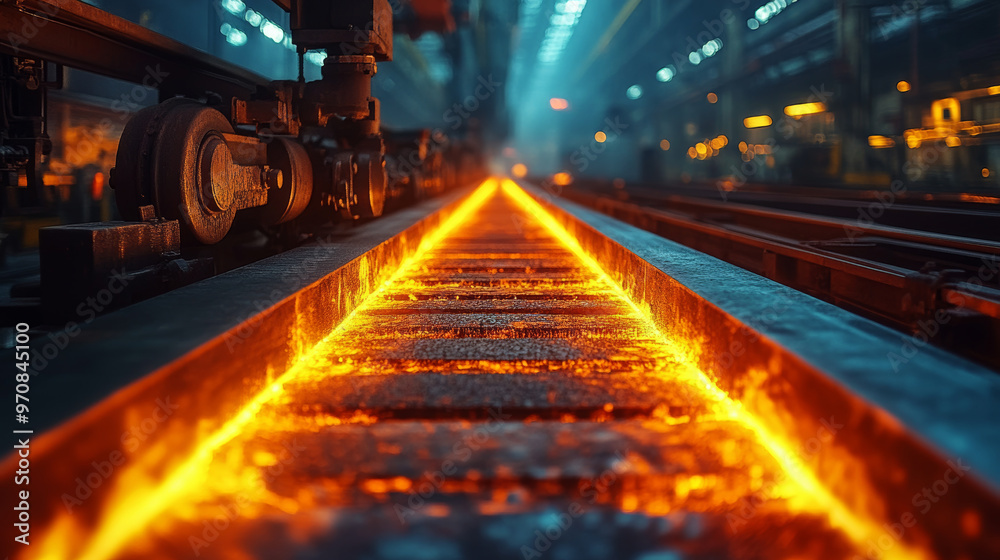 Fototapeta premium A glowing molten steel track illuminates factory floor, showcasing industrial process of steel production. vibrant orange hue contrasts with dark surroundings, creating captivating scene
