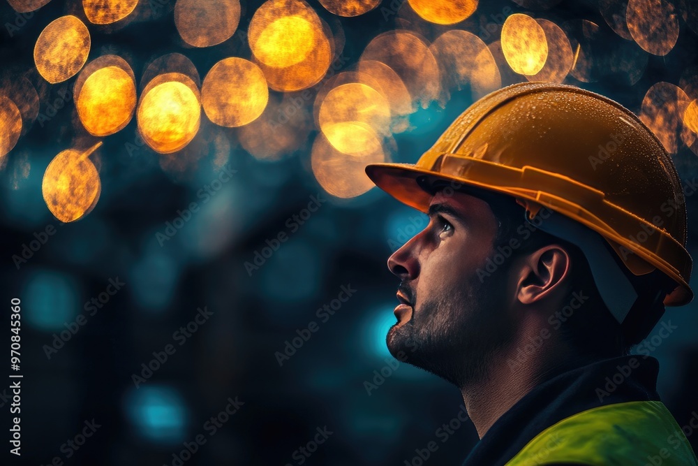 Construction Worker Gazing Up at Bokeh Lights at Night Construction Worker Gazing Up at Bokeh Lights at Night