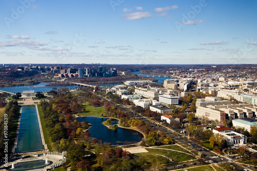 Washington DC aerial vantage point overlooking Constitution Gardens, the south-western region of the Foggy Bottom & western-end of the National Mall