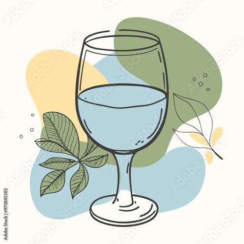 Stylized glass of water illustration with leaves on pastel background
