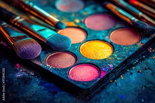 Colorful makeup palette with brushes for application.