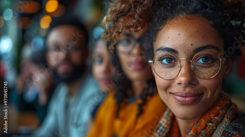 A group of friends enjoying lively moment together, showcasing diverse expressions and styles. warm atmosphere enhances their connection and joy