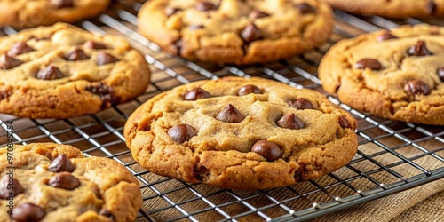 Golden brown chocolate chip cookies sit on a wire rack, their tantalizing aroma wafting into the air as