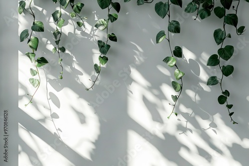 Hanging Green Vines Casting Soft Shadows on a White Wall  
