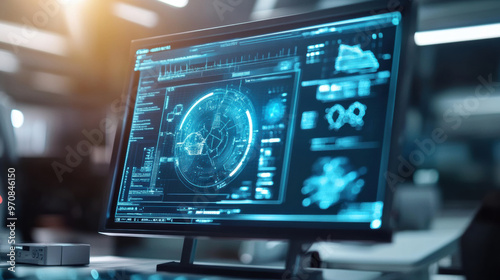 Wallpaper Mural A modern computer monitor displaying advanced data visualizations and analytics in high tech office environment. screen features graphs, charts, and digital maps, creating futuristic atmosphere Torontodigital.ca