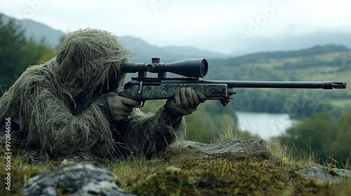 9. A sniper in a ghillie suit lying prone on a hill, carefully aiming through the scope of their rifle, with a distant target in view photo