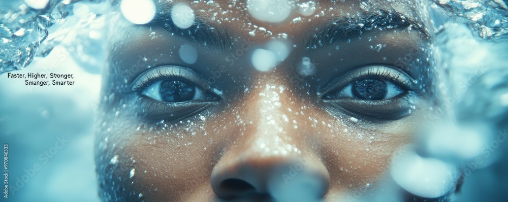 Close-up of a swimmer experiencing an immersive VR environment with water splashes and focus on their face and eyes Close-up of a swimmer experiencing an immersive VR environment with water splashes and focus on their face and eyes