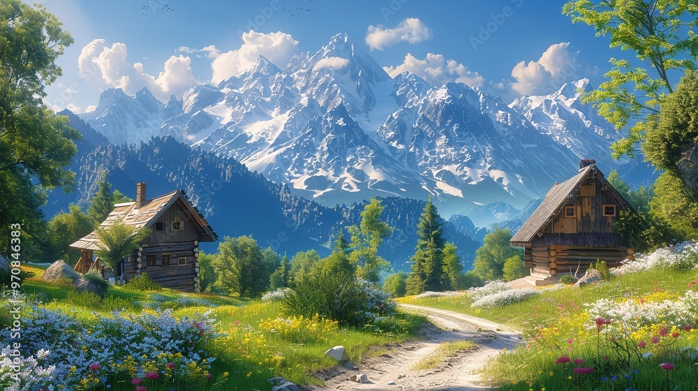 Fototapeta premium Idyllic Countryside Summer Landscape with Wooden Old House