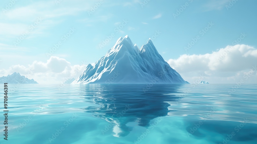 Beautiful iceberg mountain rising from clear, icy waters, with bright blue and white tones, set against a realistic ocean and sky backdrop Beautiful iceberg mountain rising from clear, icy waters, with bright blue and white tones, set against a realistic ocean and sky backdrop