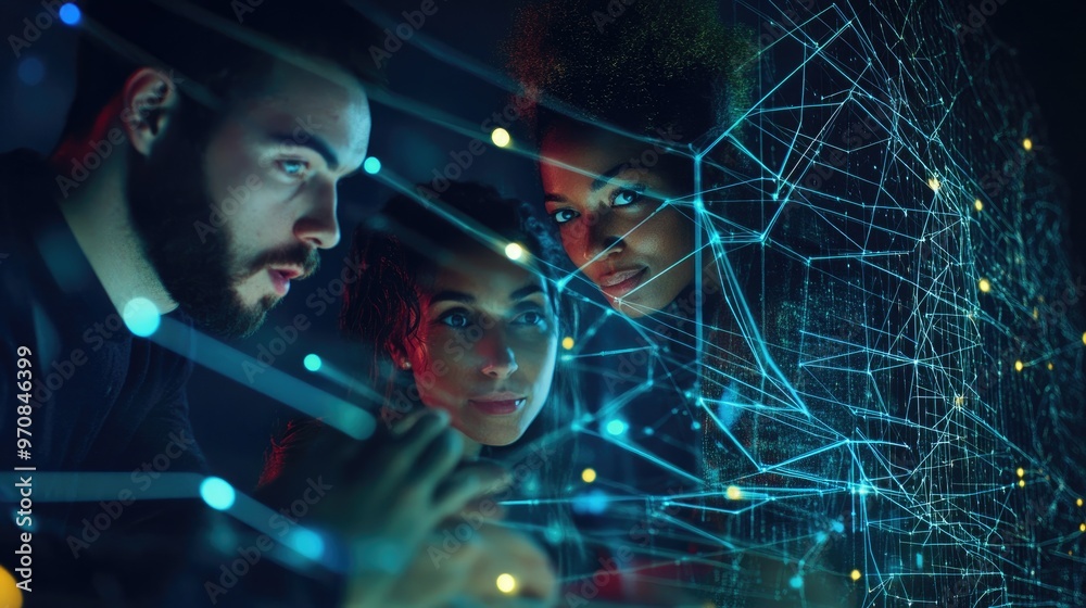 Three diverse colleagues collaborate on a project, looking at a digital screen with a network of interconnected lines and dots. Three diverse colleagues collaborate on a project, looking at a digital screen with a network of interconnected lines and dots.