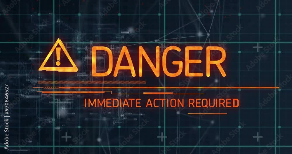 DANGER and IMMEDIATE ACTION REQUIRED text animation over digital grid background