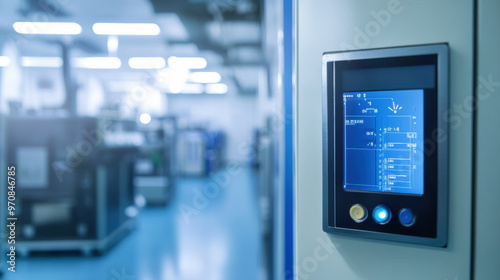 A modern control panel displays operational data in high tech industrial environment, showcasing advanced technology and automation. blue tones create calm and efficient atmosphere