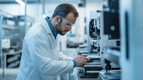 A focused scientist in lab coat works diligently with precision instruments in modern laboratory, showcasing dedication and expertise in research