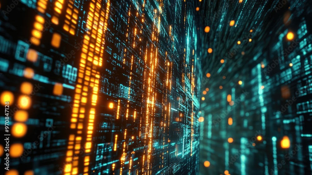Abstract digital background with glowing binary code and data streams in blue and orange colors. Abstract digital background with glowing binary code and data streams in blue and orange colors.
