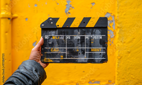 Behind the Scenes: Filmmaker's Hand Gripping Clapperboard on Vibrant Yellow Movie Set, Capturing Creativity and Passion in Action photo