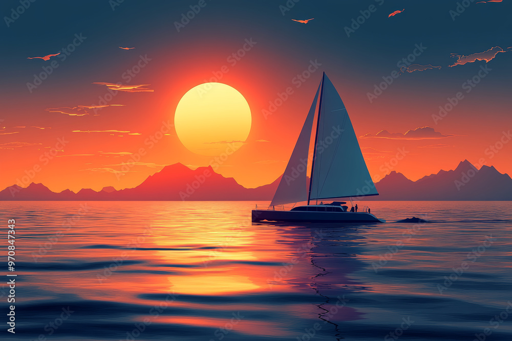 Fototapeta premium A serene catamaran sailing on calm waters during vibrant sunset, with mountains silhouetted in background. warm colors evoke sense of tranquility and adventure