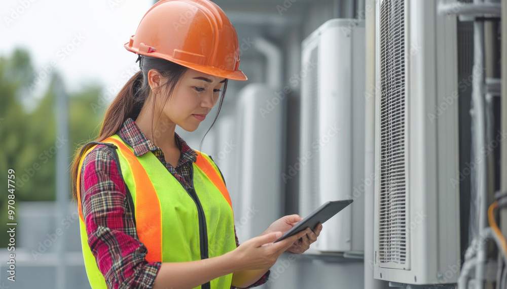 Female technician using digital tablet while inspecting air conditioning unit Female technician using digital tablet while inspecting air conditioning unit